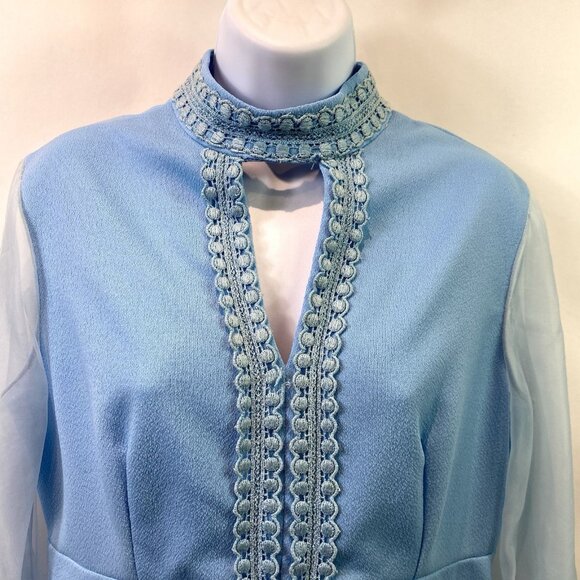 Vtg 70s Womens Dress Light Blue Keyhole Neck Sheer Sleeves Stretch Sz 13/14 - Picture 3 of 9